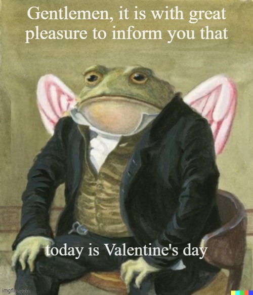 Early valentine's day frog | Gentlemen, it is with great 
pleasure to inform you that; today is Valentine's day | image tagged in front in suit | made w/ Imgflip meme maker