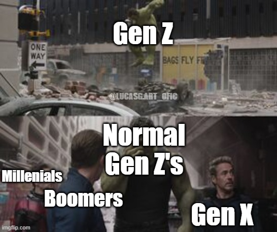 I love my generation :) | Gen Z; @LUCASG.ART_OFIC; Normal Gen Z's; Millenials; Boomers; Gen X | image tagged in regretful hulk | made w/ Imgflip meme maker