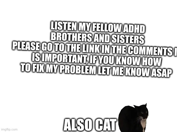 Please help me out. | LISTEN MY FELLOW ADHD BROTHERS AND SISTERS
PLEASE GO TO THE LINK IN THE COMMENTS IT IS IMPORTANT, IF YOU KNOW HOW TO FIX MY PROBLEM LET ME KNOW ASAP; ALSO CAT | image tagged in help me | made w/ Imgflip meme maker