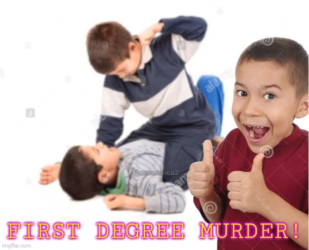 First Degree Murder | FIRST DEGREE MURDER! | image tagged in kid beating up another kid | made w/ Imgflip meme maker