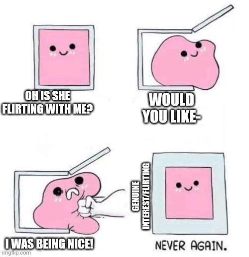 Almost, but never again |  OH IS SHE FLIRTING WITH ME? WOULD YOU LIKE-; GENUINE INTEREST/FLIRTING; I WAS BEING NICE! | image tagged in never again,relationships | made w/ Imgflip meme maker