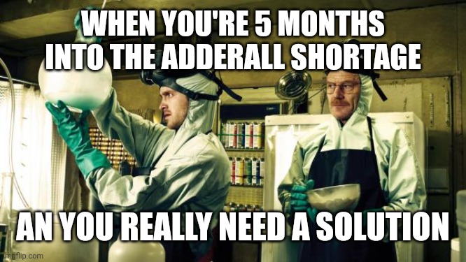 Cooking meth | WHEN YOU'RE 5 MONTHS INTO THE ADDERALL SHORTAGE; AN YOU REALLY NEED A SOLUTION | image tagged in cooking meth | made w/ Imgflip meme maker