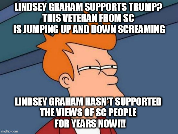LOOSE LINDSEY CANNON | LINDSEY GRAHAM SUPPORTS TRUMP? 
THIS VETERAN FROM SC 
IS JUMPING UP AND DOWN SCREAMING; LINDSEY GRAHAM HASN'T SUPPORTED 
THE VIEWS OF SC PEOPLE 
 FOR YEARS NOW!!! | image tagged in memes,futurama fry,donald trump | made w/ Imgflip meme maker