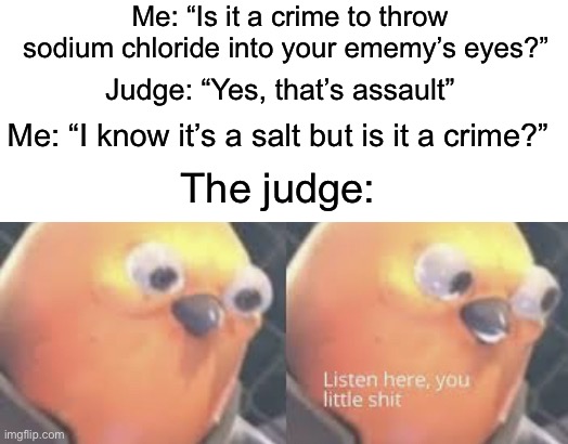 Is it assault? |  Me: “Is it a crime to throw sodium chloride into your ememy’s eyes?”; Judge: “Yes, that’s assault”; Me: “I know it’s a salt but is it a crime?”; The judge: | image tagged in listen here you little shit bird,memes,funny,funny memes,science,wait what | made w/ Imgflip meme maker