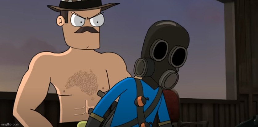 Show this to pyro | image tagged in saxton hale behind pyro,piemations,meet the amazing team | made w/ Imgflip meme maker