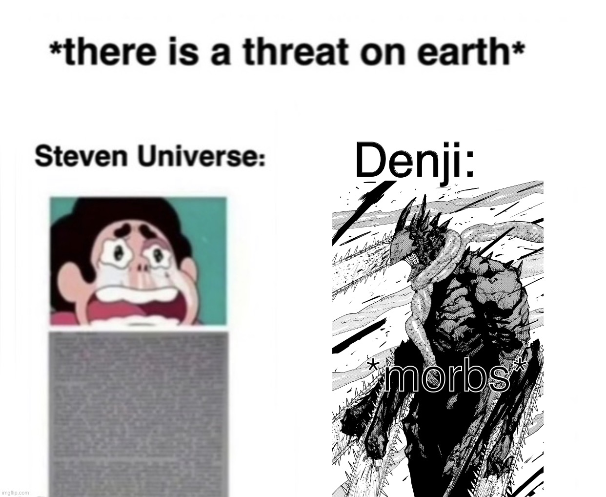 Morbin time | Denji:; *morbs* | image tagged in there is a threat on earth | made w/ Imgflip meme maker