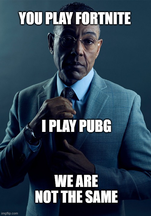 Gus Fring we are not the same | YOU PLAY FORTNITE; I PLAY PUBG; WE ARE NOT THE SAME | image tagged in gus fring we are not the same | made w/ Imgflip meme maker