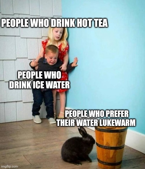 Lukewarm water is disgusting | PEOPLE WHO DRINK HOT TEA; PEOPLE WHO DRINK ICE WATER; PEOPLE WHO PREFER THEIR WATER LUKEWARM | image tagged in boy and girl scared of bunny | made w/ Imgflip meme maker