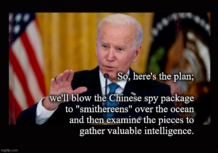 File under "You gotta be shi*tin me" | So, here's the plan;
 
we'll blow the Chinese spy package
to "smithereens" over the ocean
and then examine the pieces to
gather valuable intelligence. | image tagged in chinese spy balloon,joe biden | made w/ Imgflip meme maker
