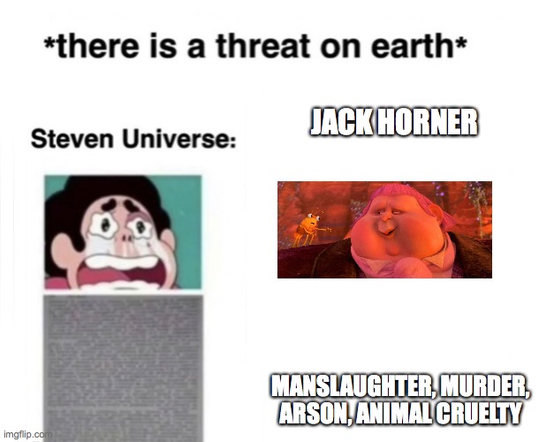 *There is a threat on earth* | JACK HORNER; MANSLAUGHTER, MURDER, ARSON, ANIMAL CRUELTY | image tagged in there is a threat on earth | made w/ Imgflip meme maker
