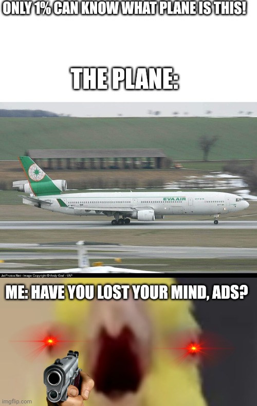 I hope this other meme doesn't get demonetized | ONLY 1% CAN KNOW WHAT PLANE IS THIS! THE PLANE: ME: HAVE YOU LOST YOUR MIND, ADS? | image tagged in blank white template,bird like a dino,we have people who are stupid,funny | made w/ Imgflip meme maker