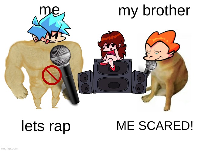 Buff Doge vs. Cheems | me; my brother; lets rap; ME SCARED! | image tagged in memes,buff doge vs cheems | made w/ Imgflip meme maker