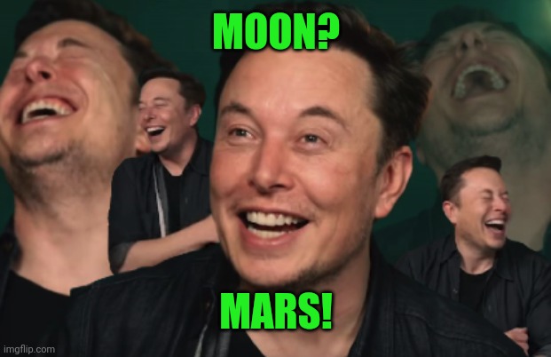 elon musk laughing | MOON? MARS! | image tagged in elon musk laughing | made w/ Imgflip meme maker