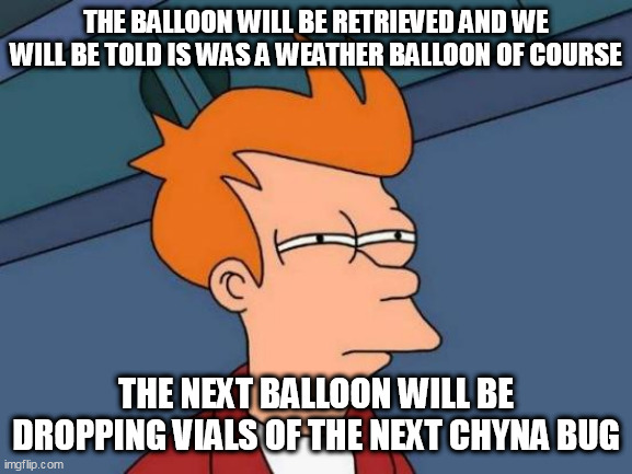 Futurama Fry Meme | THE BALLOON WILL BE RETRIEVED AND WE WILL BE TOLD IS WAS A WEATHER BALLOON OF COURSE; THE NEXT BALLOON WILL BE DROPPING VIALS OF THE NEXT CHYNA BUG | image tagged in memes,futurama fry | made w/ Imgflip meme maker