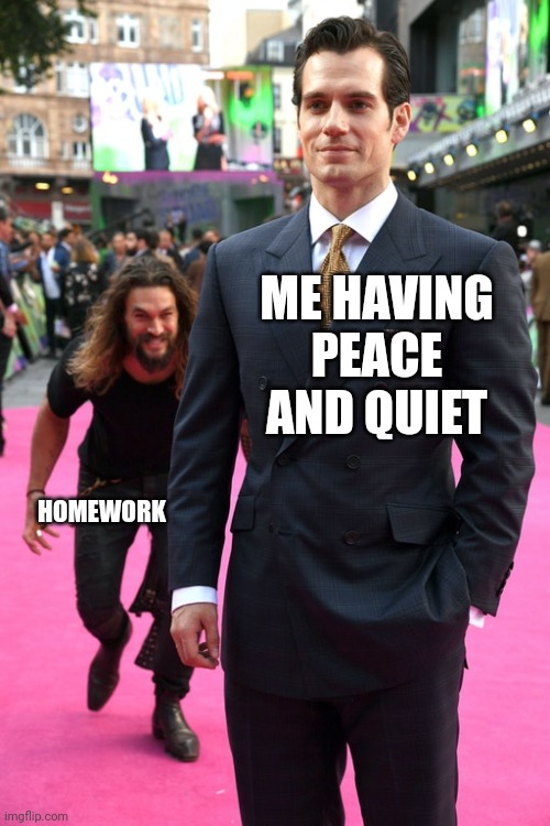 ) ; | ME HAVING PEACE AND QUIET; HOMEWORK | image tagged in jason momoa henry cavill meme | made w/ Imgflip meme maker