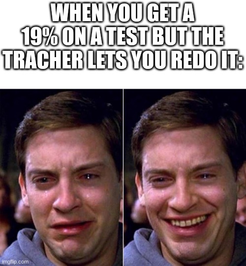 Peter Parker Sad Cry Happy cry | WHEN YOU GET A 19% ON A TEST BUT THE TRACHER LETS YOU REDO IT: | image tagged in peter parker sad cry happy cry | made w/ Imgflip meme maker
