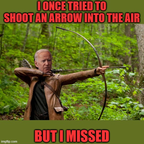 No hope of him actually hitting a balloon. | I ONCE TRIED TO SHOOT AN ARROW INTO THE AIR; BUT I MISSED | image tagged in katniss hunting,biden | made w/ Imgflip meme maker