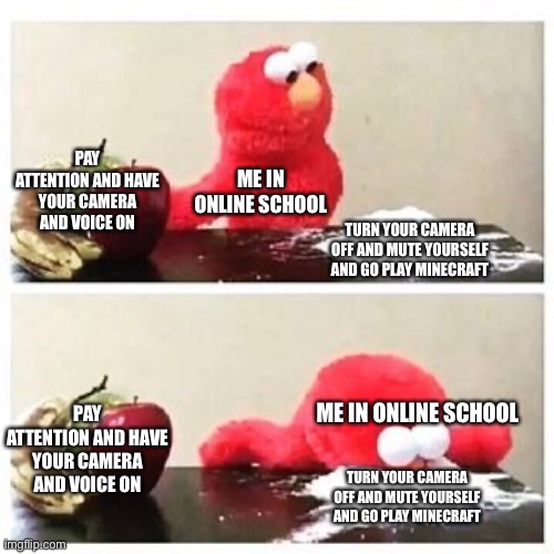 If only I cared | PAY ATTENTION AND HAVE YOUR CAMERA AND VOICE ON; ME IN ONLINE SCHOOL; TURN YOUR CAMERA OFF AND MUTE YOURSELF AND GO PLAY MINECRAFT; PAY ATTENTION AND HAVE YOUR CAMERA AND VOICE ON; ME IN ONLINE SCHOOL; TURN YOUR CAMERA OFF AND MUTE YOURSELF AND GO PLAY MINECRAFT | image tagged in elmo cocaine | made w/ Imgflip meme maker