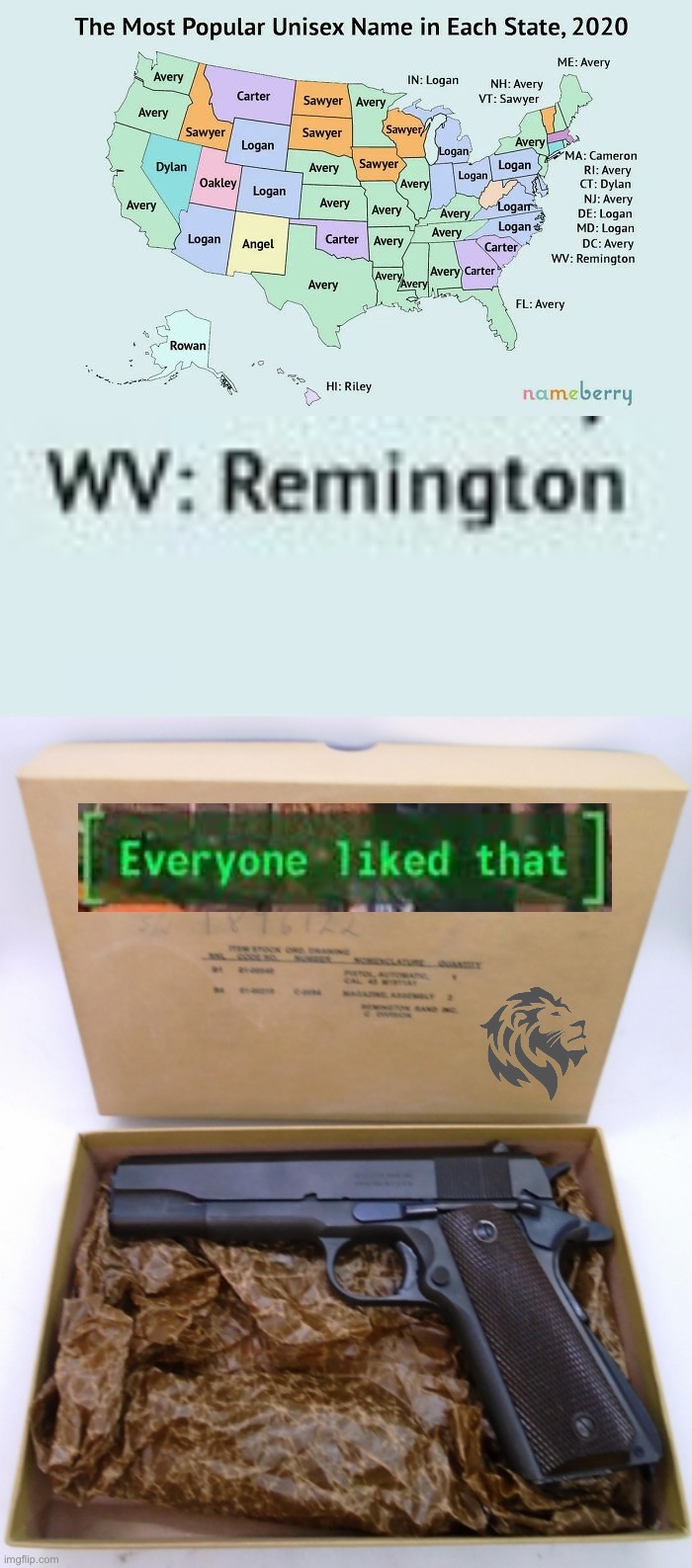 Conservative Party endorses naming your son (or daughter) Remington. Especially in WV | image tagged in most popular unisex name by state,remington rand 1911a1 45acp,remington,names,baby names,conservative party | made w/ Imgflip meme maker