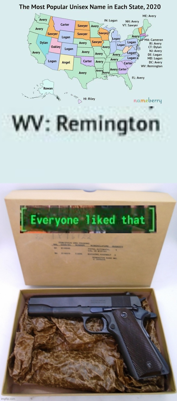 Remington FTW | image tagged in most popular unisex name by state,remington rand 1911a1 45acp,remington,names,baby names,west virginia | made w/ Imgflip meme maker