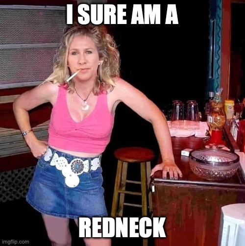 Marjorie Taylor Greene MTG on her day off hillbilly redneck | I SURE AM A REDNECK | image tagged in marjorie taylor greene mtg on her day off hillbilly redneck | made w/ Imgflip meme maker