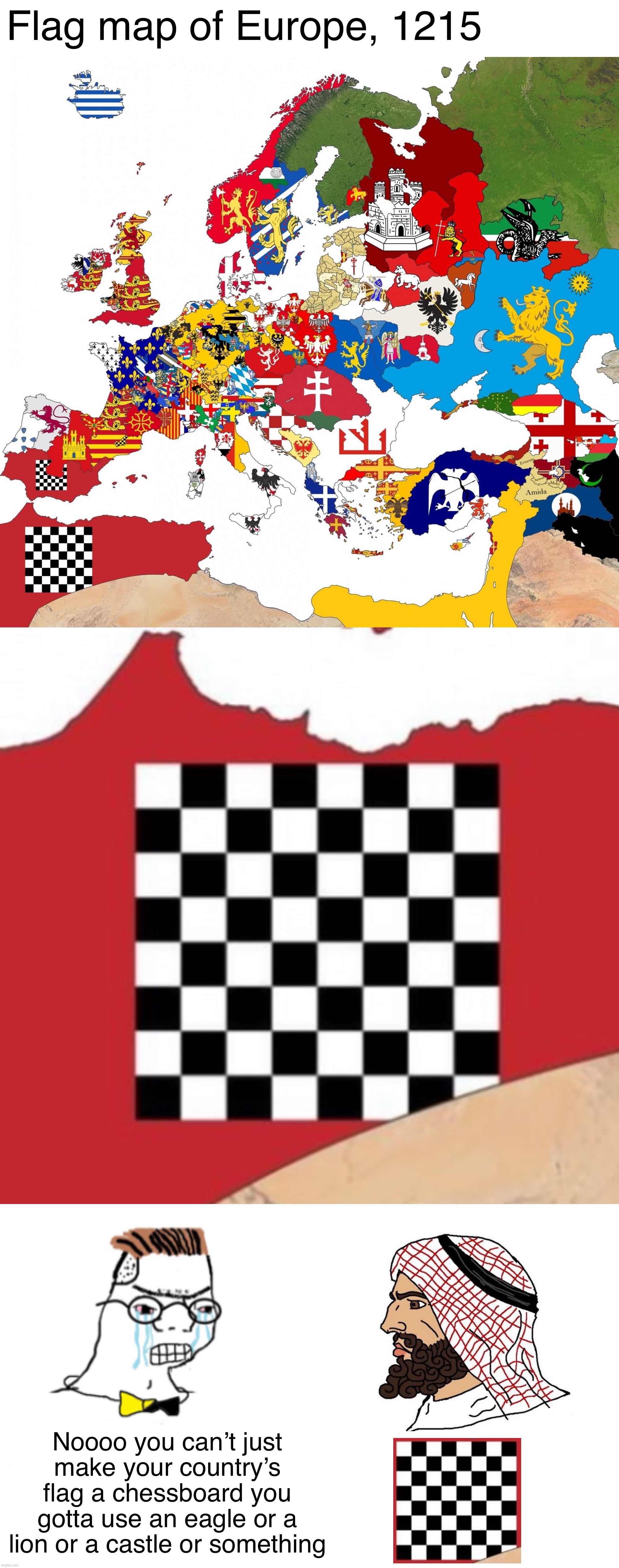 Based beyond belief | Flag map of Europe, 1215; Noooo you can’t just make your country’s flag a chessboard you gotta use an eagle or a lion or a castle or something | image tagged in flag map of europe in 1215,nooo haha go brrr,based,medieval,flag,designs | made w/ Imgflip meme maker