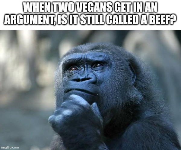 Deep Thoughts | WHEN TWO VEGANS GET IN AN ARGUMENT, IS IT STILL CALLED A BEEF? | image tagged in deep thoughts | made w/ Imgflip meme maker