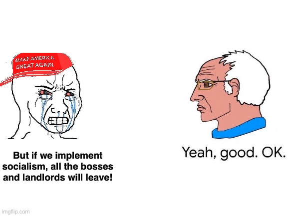 I’m already a socialist, you don’t have to sell me on it. | But if we implement socialism, all the bosses and landlords will leave! | image tagged in socialism,anti-capitalist,capitalism,communism,conservative logic,yeah good ok | made w/ Imgflip meme maker