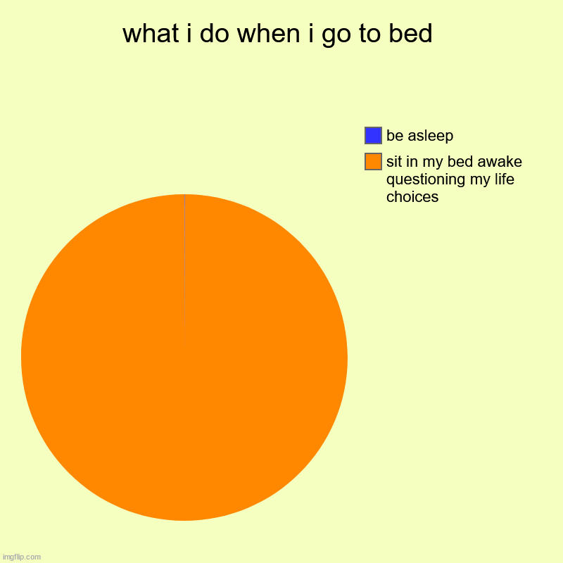 who relates? | what i do when i go to bed | sit in my bed awake questioning my life choices, be asleep | image tagged in charts,pie charts,insomnia | made w/ Imgflip chart maker