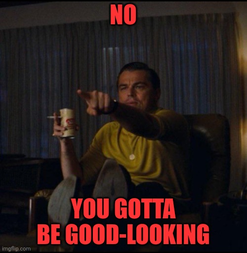 Leonardo DiCaprio Pointing | NO YOU GOTTA BE GOOD-LOOKING | image tagged in leonardo dicaprio pointing | made w/ Imgflip meme maker