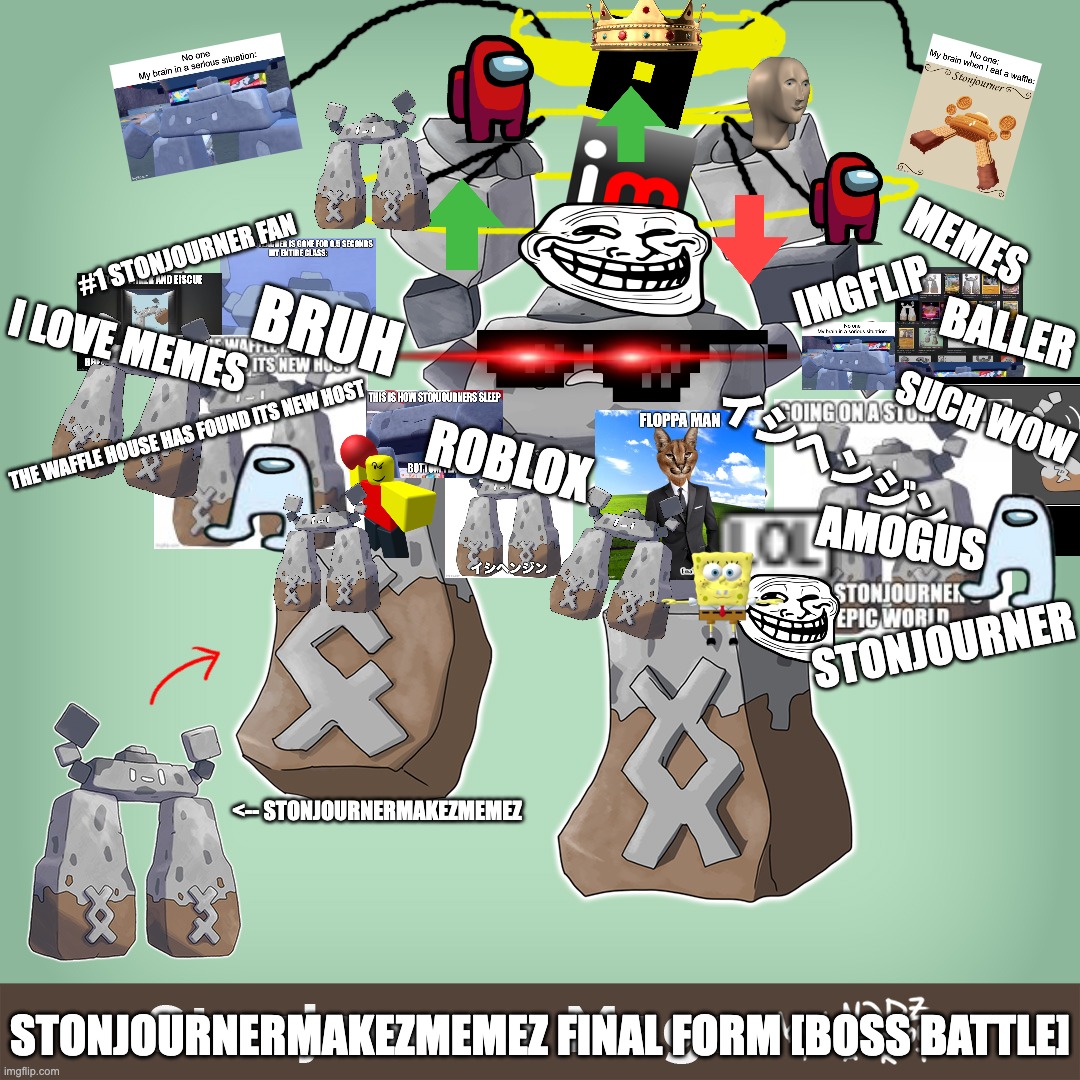 THE FINAL PHASE OF STONJOURNERMAKEZMEMEZ BOSS FIGHT. HP: 420420696969. | MEMES; #1 STONJOURNER FAN; IMGFLIP; BRUH; BALLER; I LOVE MEMES; SUCH WOW; THE WAFFLE HOUSE HAS FOUND ITS NEW HOST; イシヘンジン; ROBLOX; AMOGUS; STONJOURNER; <-- STONJOURNERMAKEZMEMEZ; STONJOURNERMAKEZMEMEZ FINAL FORM [BOSS BATTLE] | image tagged in stonjourner,boss battle,final form,memes,words | made w/ Imgflip meme maker