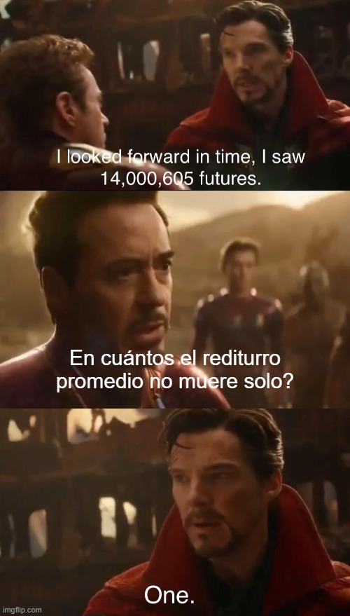 Dr. Strange’s Futures | En cuántos el rediturro promedio no muere solo? | image tagged in dr strange s futures | made w/ Imgflip meme maker