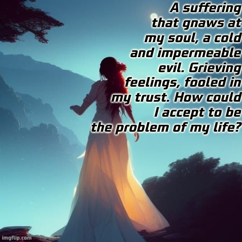 Incurable bride. | A suffering that gnaws at my soul, a cold and impermeable evil. Grieving feelings, fooled in my trust. How could I accept to be the problem of my life? | image tagged in deep thoughts,shower thoughts,love,depression,sad | made w/ Imgflip meme maker