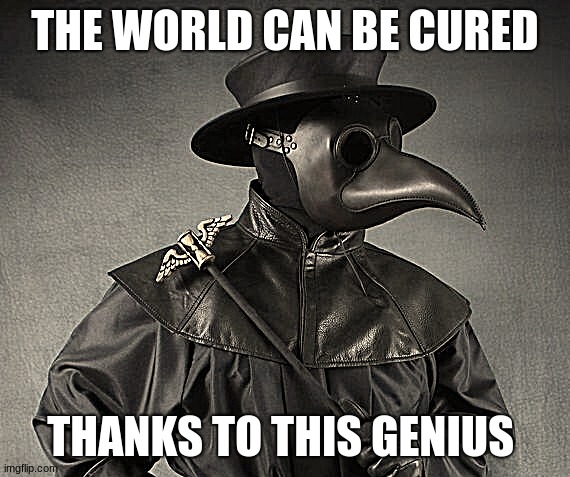 Plauge doctor | THE WORLD CAN BE CURED THANKS TO THIS GENIUS | image tagged in plauge doctor | made w/ Imgflip meme maker