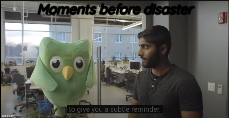 Whoopsy daisies! I think he missed his spanish lesson | Moments before disaster | image tagged in duolingo,moments before disaster,duolingo plush,duolingo bird,youtube | made w/ Imgflip meme maker