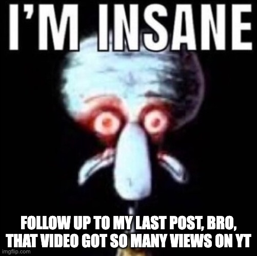 i'm insane | FOLLOW UP TO MY LAST POST, BRO, THAT VIDEO GOT SO MANY VIEWS ON YT | image tagged in i'm insane | made w/ Imgflip meme maker