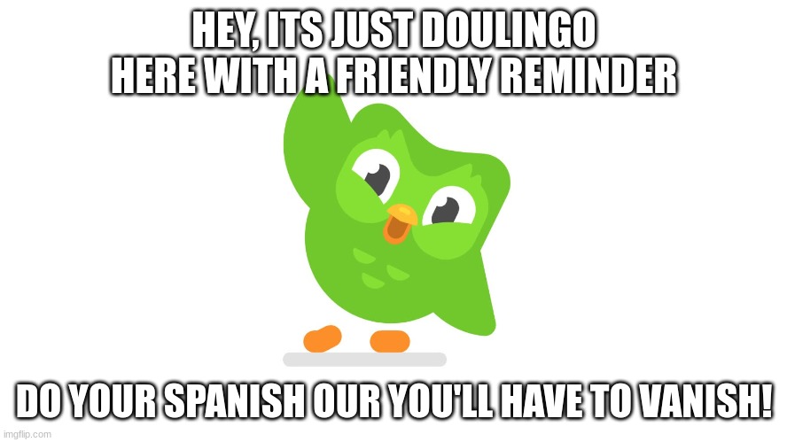 great advertisement campaign | HEY, ITS JUST DOULINGO HERE WITH A FRIENDLY REMINDER; DO YOUR SPANISH OUR YOU'LL HAVE TO VANISH! | image tagged in doulingo | made w/ Imgflip meme maker