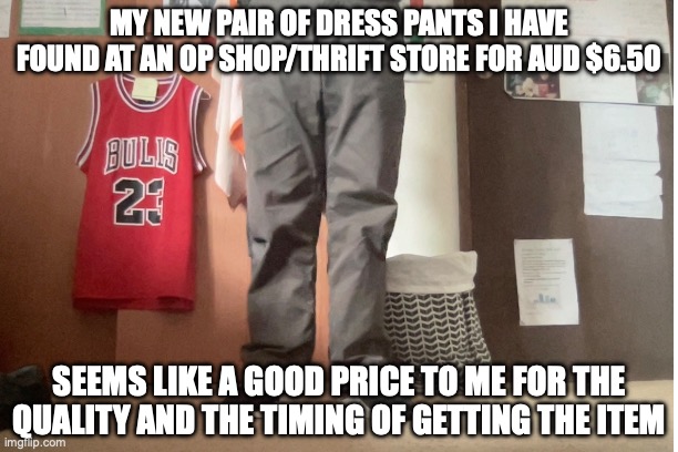 These Dress Pants brand is Country Road | MY NEW PAIR OF DRESS PANTS I HAVE FOUND AT AN OP SHOP/THRIFT STORE FOR AUD $6.50; SEEMS LIKE A GOOD PRICE TO ME FOR THE QUALITY AND THE TIMING OF GETTING THE ITEM | image tagged in country road,pants,dress pants | made w/ Imgflip meme maker