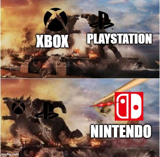 The best video game company. | PLAYSTATION; XBOX; NINTENDO | image tagged in kong godzilla doge | made w/ Imgflip meme maker