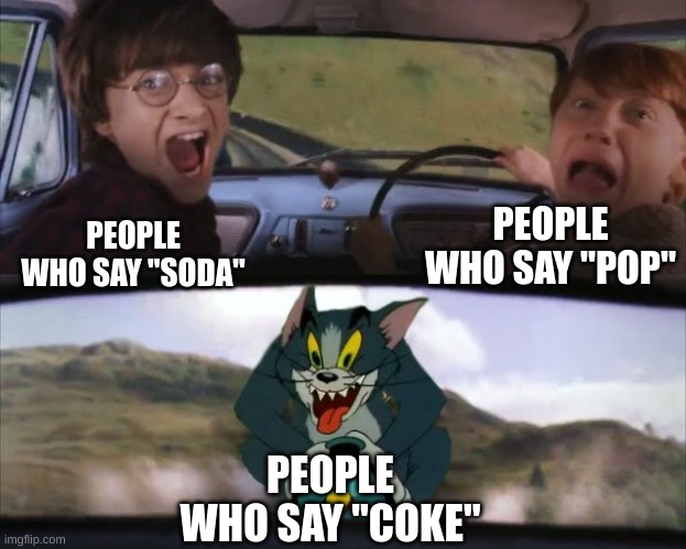 It's so annoying | PEOPLE WHO SAY "POP"; PEOPLE WHO SAY "SODA"; PEOPLE WHO SAY "COKE" | image tagged in tom chasing harry and ron weasly | made w/ Imgflip meme maker