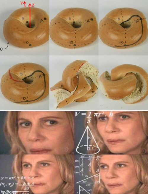 The mathematically correct bagel cut. aka food waste | image tagged in math,math lady/confused lady,bagels,bagel,useless,food | made w/ Imgflip meme maker