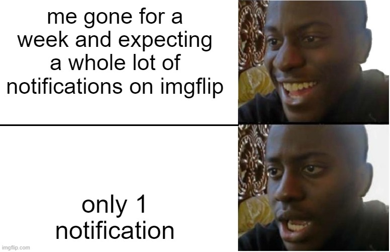 sad life, am i right? | me gone for a week and expecting a whole lot of notifications on imgflip; only 1 notification | image tagged in disappointed black guy | made w/ Imgflip meme maker
