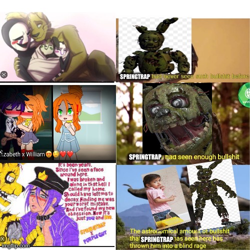 if you ship any of these your worse than me | SPRINGTRAP; SPRINGTRAP; SPRINGTRAP | image tagged in allosaurus bullshit,fnaf,shipping | made w/ Imgflip meme maker