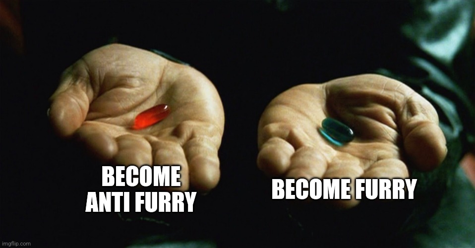 Red pill blue pill | BECOME ANTI FURRY; BECOME FURRY | image tagged in red pill blue pill,antifurry | made w/ Imgflip meme maker