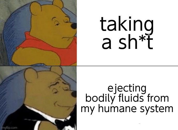 Tuxedo Winnie The Pooh Meme | taking a sh*t; ejecting bodily fluids from my humane system | image tagged in memes,tuxedo winnie the pooh | made w/ Imgflip meme maker
