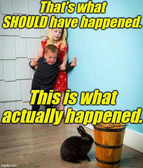 Children scared of rabbit | That's what SHOULD have happened. This is what actually happened. | image tagged in children scared of rabbit | made w/ Imgflip meme maker