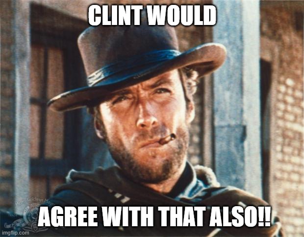 Clint Eastwood | CLINT WOULD AGREE WITH THAT ALSO!! | image tagged in clint eastwood | made w/ Imgflip meme maker