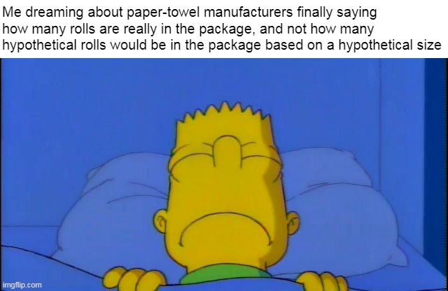 Me dreaming about paper-towel manufacturers finally saying how many rolls are really in the package, and not how many hypothetical rolls would be in the package based on a hypothetical size | image tagged in meme,memes,funny,humor | made w/ Imgflip meme maker