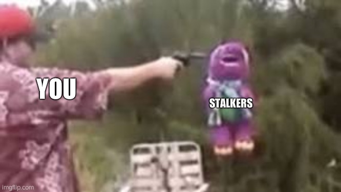 Barney getting a gun pointed at his head | YOU STALKERS | image tagged in barney getting a gun pointed at his head | made w/ Imgflip meme maker