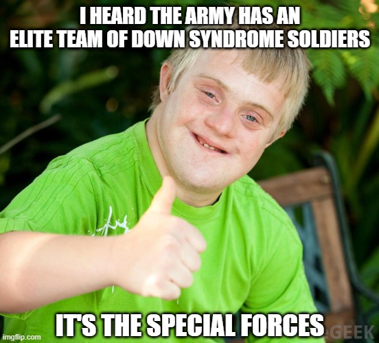 Special Army | I HEARD THE ARMY HAS AN ELITE TEAM OF DOWN SYNDROME SOLDIERS; IT'S THE SPECIAL FORCES | image tagged in down syndrome | made w/ Imgflip meme maker